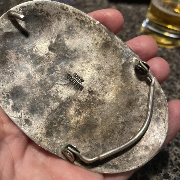 Rare Vintage Effie C Calavaza Turquoise and Coral Sterling Belt Buckle - Picture 9 of 14